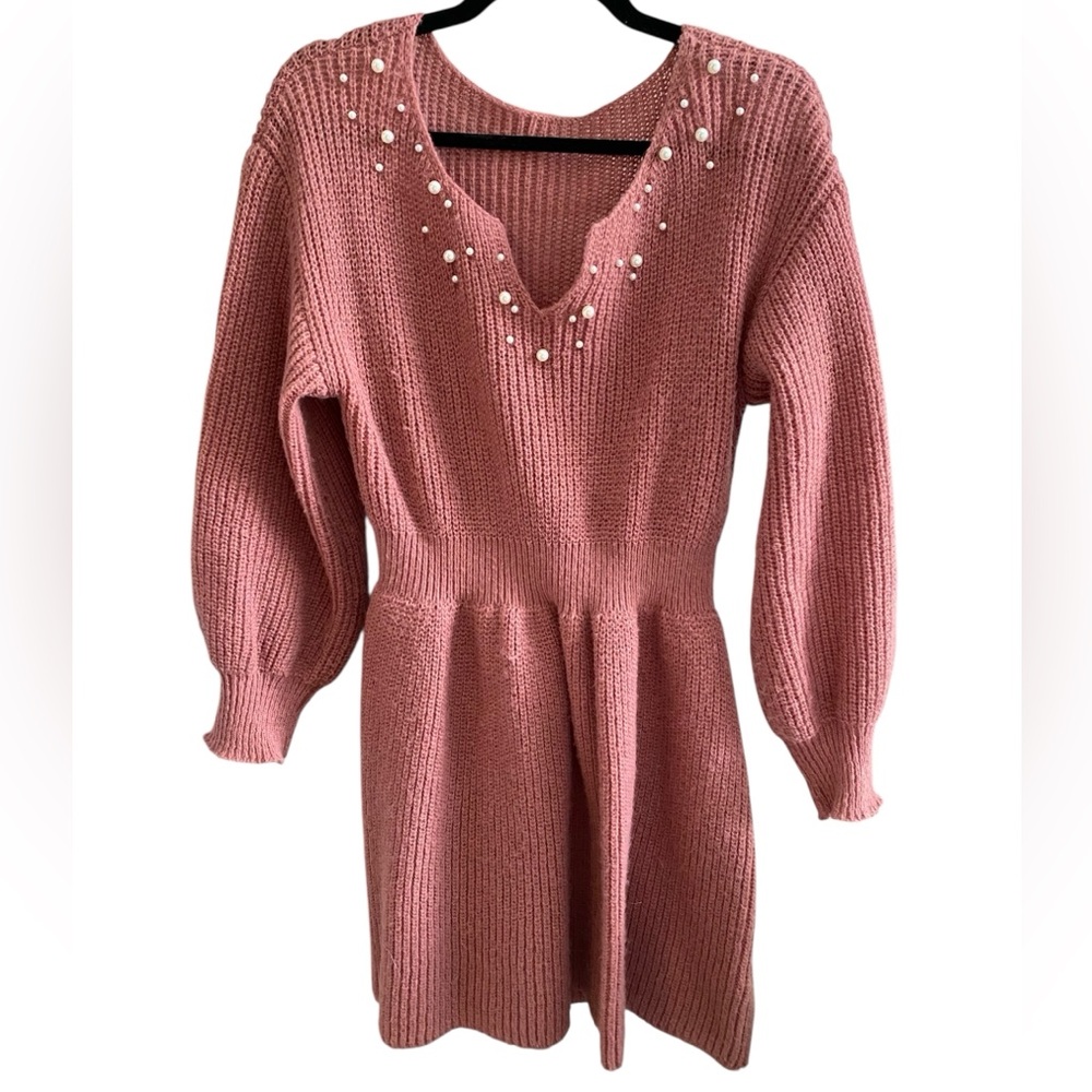 Pink Long Sleeve Knit Dress with Pearl Details & Notched Neckline